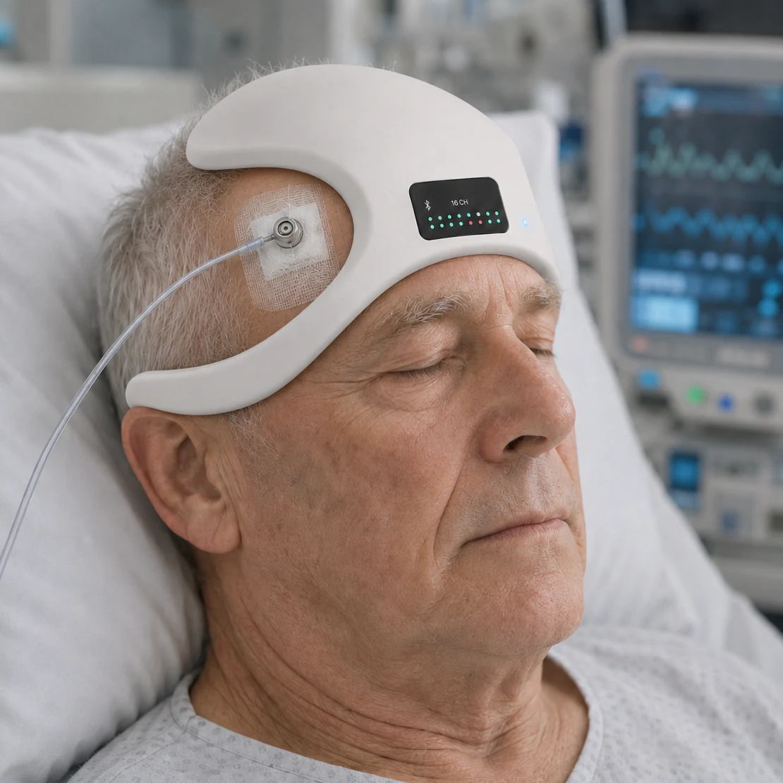 Concept visualisation of the Cortibri headset positioned on a patient lying in bed