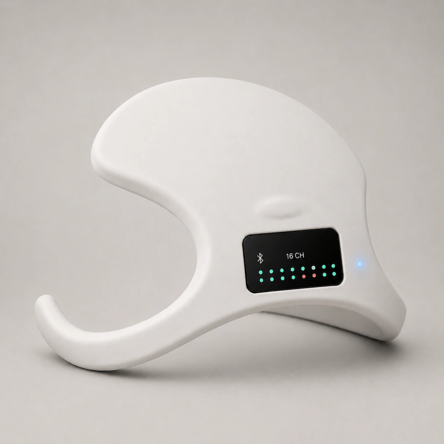 Concept rendering of the compact white Cortibri EEG headset