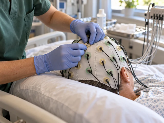 Illustration of a clinician preparing an EEG cap on a patient at the bedside