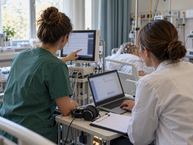 Illustration of two clinicians coordinating EEG recording and review at the bedside